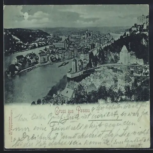 Mondschein-AK Passau, Stadtansicht mit Donau und Burg