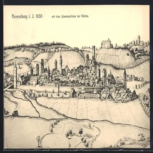 AK Ravensburg / Württ., Stadtansicht 1630, Stammschloss der Welfen