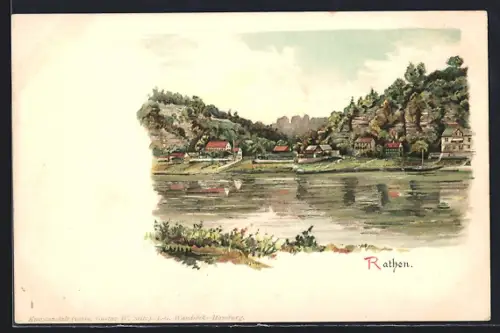 Lithographie Rathen, Ortsansicht mit Elbe und Felsen