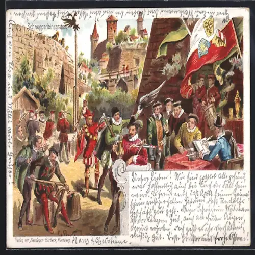 Lithographie Nürnberg, Schnepperleinsgraben, historische Szene