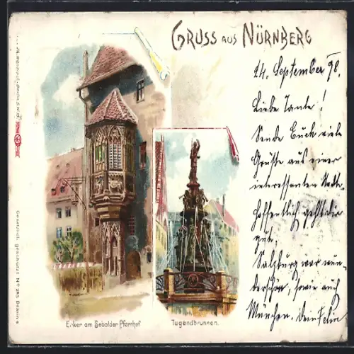 Lithographie Nürnberg, Erker am Sebolder Pfarrhof, Tugendbrunnen