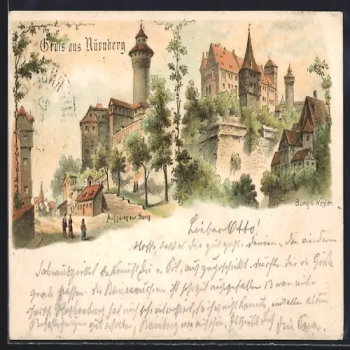 Vorläufer-Lithographie Nürnberg, 1895, Aufgang zur Burg, Burg v. Westen