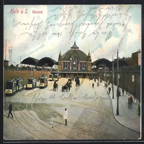 AK Halle a. S., Bahnhof mit Strassenbahnen