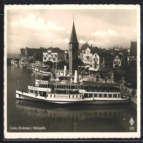 AK Lindau /Bodensee, Hafenpartie, Dampfschiff MS Stadt Überlingen