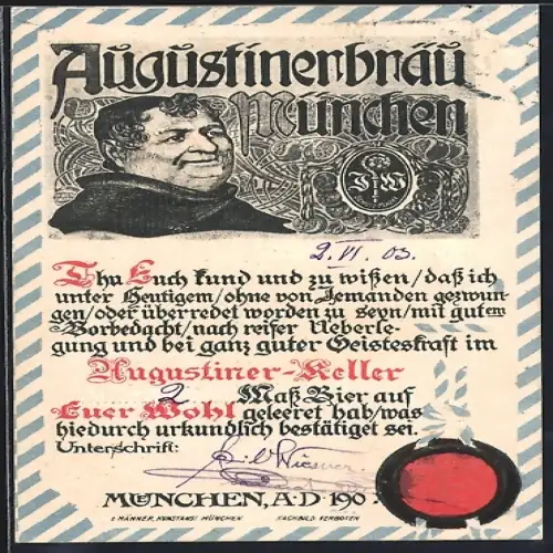 AK München, Augustinerbräu, Restaurant Augustiner-Keller, Bierurkunde