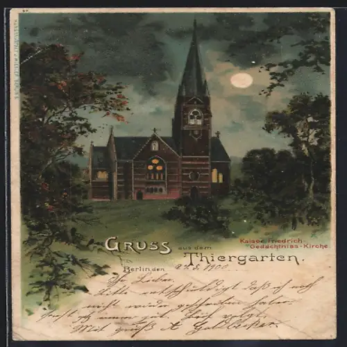 Lithographie Berlin, Thiergarten, Kaiser-Friedrich-Gedächtnis-Kirche bei Nacht
