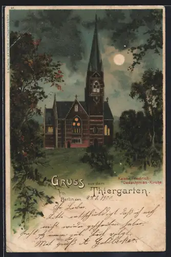 Lithographie Berlin, Thiergarten, Kaiser-Friedrich-Gedächtnis-Kirche bei Nacht