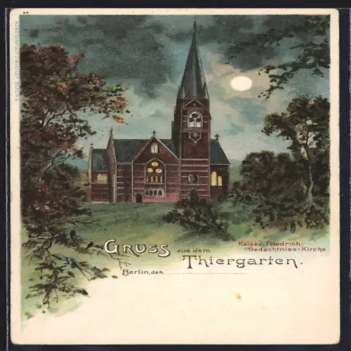 Lithographie Berlin, Thiergarten, Kaiser-Friedrich-Gedächtnis-Kirche