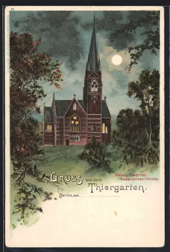 Lithographie Berlin, Thiergarten, Kaiser-Friedrich-Gedächtnis-Kirche