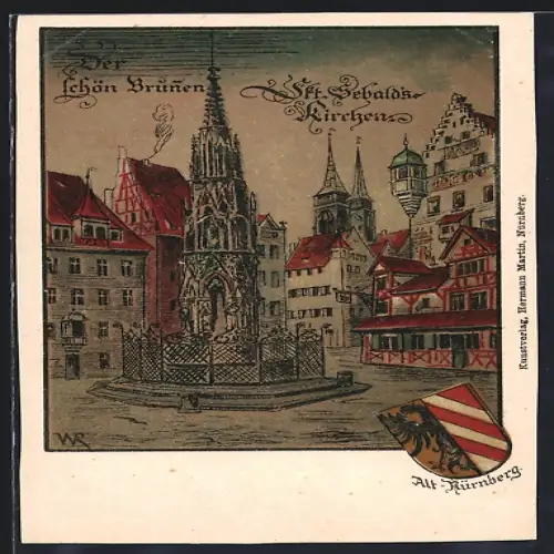 Künstler-AK Nürnberg, Schöner Brunnen, St. Sebalds-Kirche