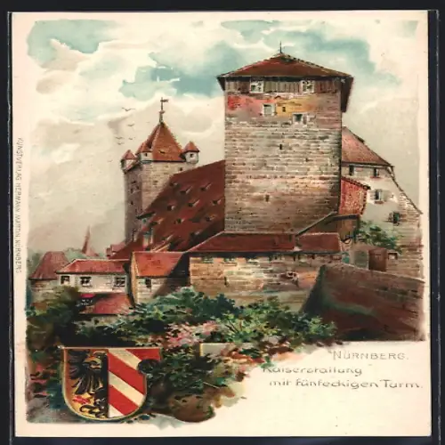 Lithographie Nürnberg, Kaiserstallung, fünfeckiger Turm