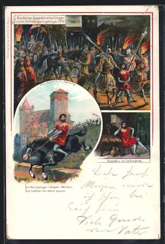 Lithographie Nürnberg, Raubritter Eppelein v. Gailingen gefangen 1372, Sprung, Gefangnis