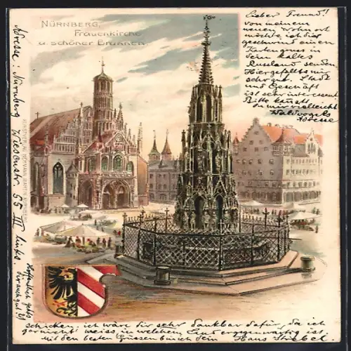 Lithographie Nürnberg, Frauenkirche, schöner Brunnen
