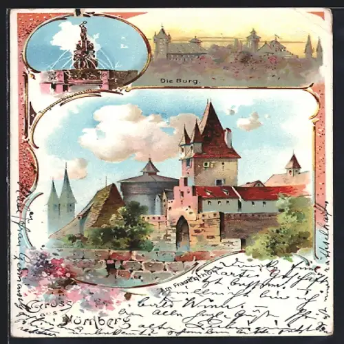 Lithographie Nürnberg, Burg, Frauentor, Tugendbrunnen