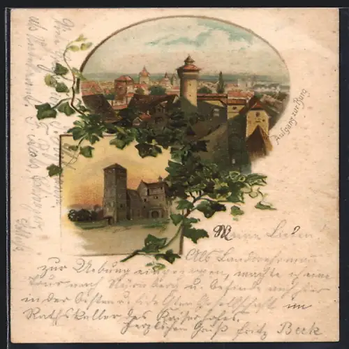 Lithographie Nürnberg, Burg, Stadtmauer, Aussicht auf die Stadt