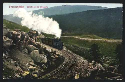 AK Eckerloch mit Brocken, Brockenbahn mit dampfender Lok