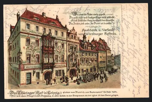 Lithographie Leipzig, Blick auf den Thüringer Hof, mit Pferdekutschen