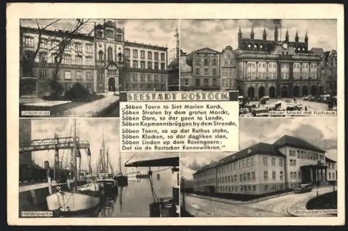 AK Rostock, Universität, Neuer Markt mit Rathaus, Hafen, Schulzahnklinik