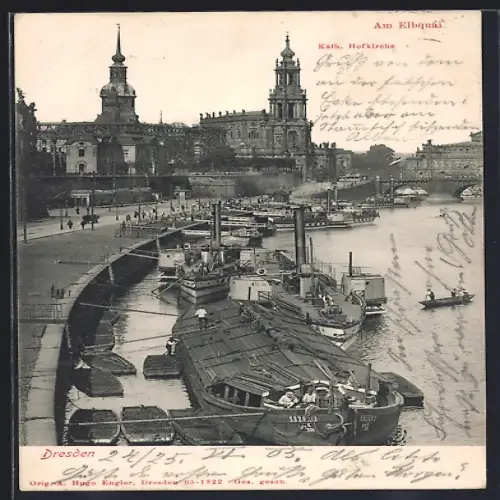 AK Dresden, Kath. Hofkirche und Elbquai, Raddampfer und Lastkahn der S.B.D.G.