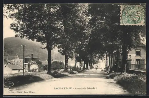 AK Raon-l`Étape, Avenue de Saint-Dié bordée d`arbres et maisons adjacentes