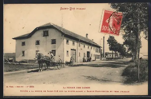 AK Saint-Dié /Vosges, La Ferme des Dames avec une charrette à cheval sur la route vers Sainte-Marguerite