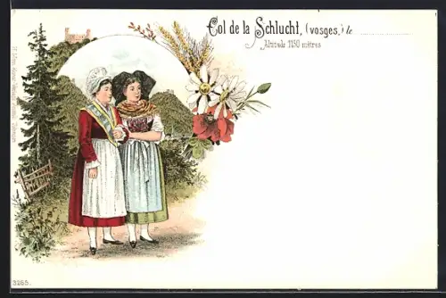 AK Col de la Schlucht /Vosges, Deux femmes en costumes traditionnels alsaciens dans un paysage montagnard