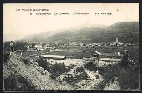 AK Saulxures, Les Carrières, Le Concasseur dans le paysage vallonné des Vosges