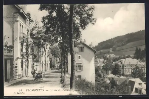 AK Plombières, Avenue des Villas avec calèche et vue sur les collines environnantes