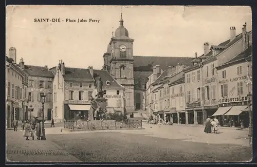 AK Saint-Dié, Place Jules Ferry avec église et bâtiments commercants