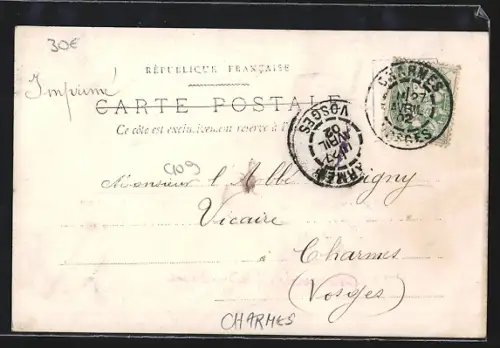 AK Charmes, Rue des Capucins avec passants et chien