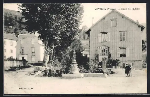 AK Ventron /Vosges, Place de l`Église avec statue et bâtiments adjacents