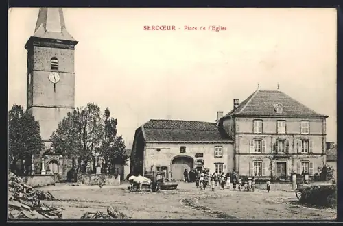 AK Sercoeur, Place de l`Église avec église et bâtiments environnants