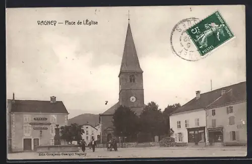AK Vagney, Place de l`Église et son église avec bâtiments environnants