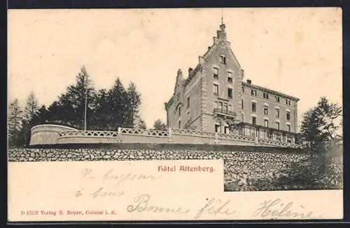 AK Col de la Schlucht, Hôtel Altenberg avec terrasse en pierre et forêt environnante