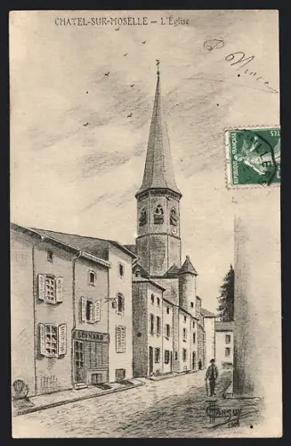 AK Châtel-sur-Moselle, L`Église et rue adjacente animée