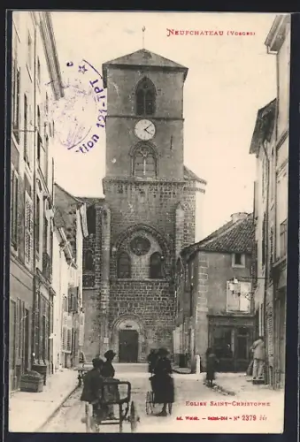 AK Neufchâteau /Vosges, Église Saint-Christophe et rue animée