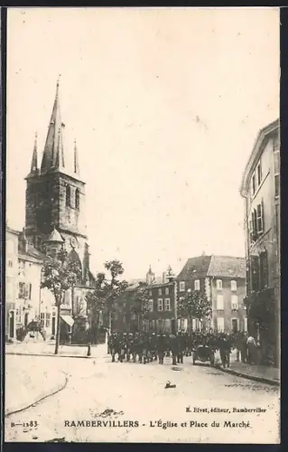 AK Rambervillers, L`église et Place du Marché avec rassemblement de personnes
