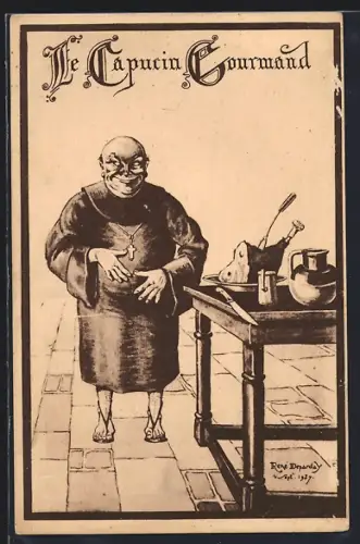 AK Vittel, Le Capucin Gourmand, Illustration d`un moine en cuisine avec ustensiles et plats
