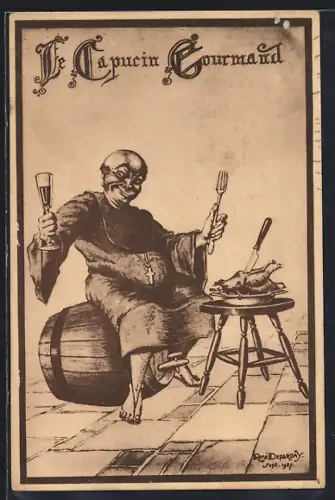 AK Vittel, Le Capucin Gourmand avec un verre et une fourchette sur un tonneau
