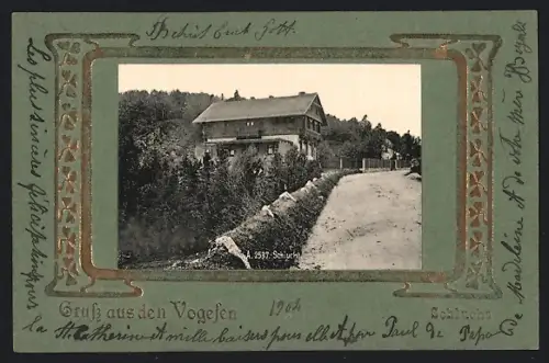 AK Schlucht, Maison avec route bordée d`arbres dans les Vosges