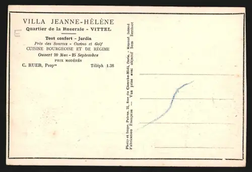 AK Vittel, Villa Jeanne-Hélène avec voitures anciennes et jardin, C. Ruer