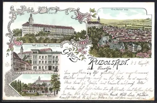 Lithographie Rudolstadt, Schloss, Anger und Blick vom Haine