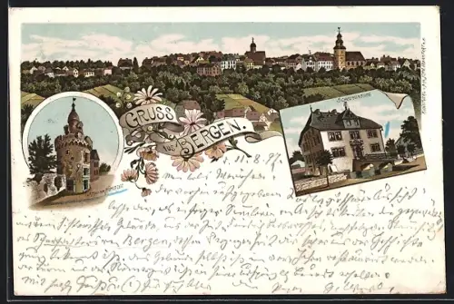 Lithographie Bergen / Hanau, Schelenburg, Turm aus der Römerzeit