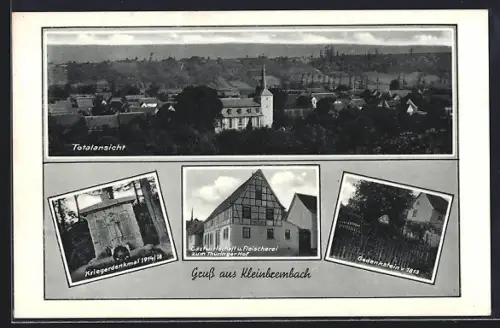 AK Kleinbrembach, Totalansicht, Kriegerdenkmal, Gasthaus & Fleischerei zum Thüringer Hof