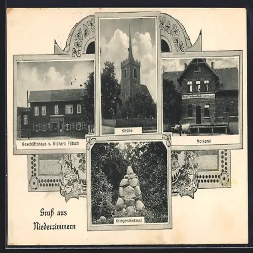 AK Niederzimmern, Geschäftshaus v. Richard Fötsch, Molkerei, Kirche