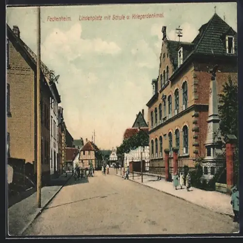 AK Frankfurt-Fechenheim, Lindenplatz mit Schule u. Kriegerdenkmal