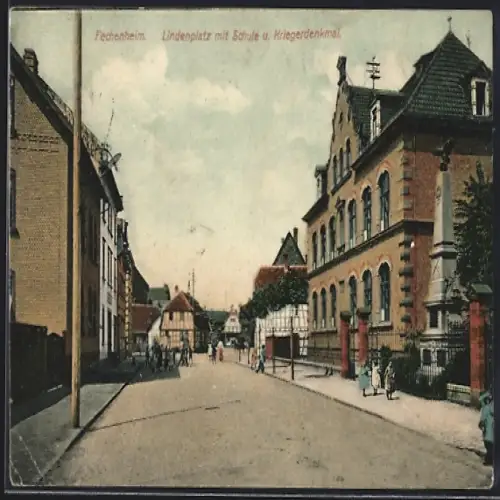 AK Frankfurt-Fechenheim, Lindenplatz mit Schule u. Kriegerdenkmal