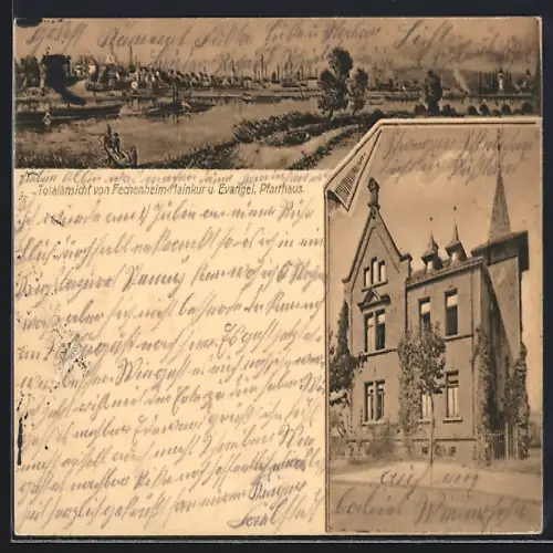 AK Frankfurt-Fechenheim, Ortsansicht und Evangel. Pfarrhaus