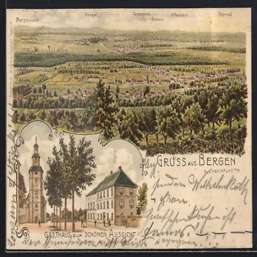 Lithographie Bergen / Frankfurt, Gasthaus zur Schönen Aussicht, Inh. Jos. Baader, Ortsansicht mit Rumpenheim
