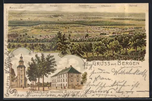 Lithographie Bergen / Frankfurt, Gasthaus zur Schönen Aussicht, Inh. Jos. Baader, Ortsansicht mit Rumpenheim